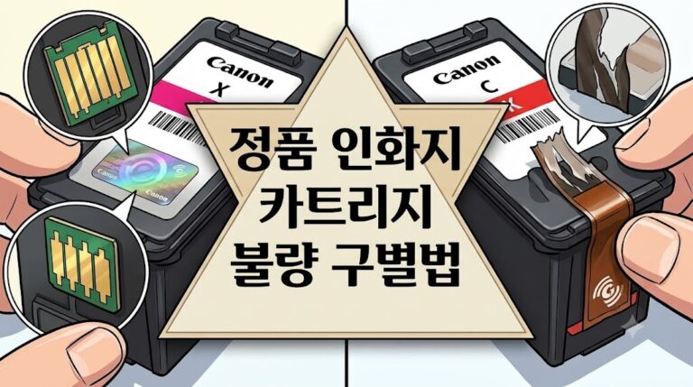 정품 인화지 카트리지 불량 구별법 검수를 위해 캐논 프린터와 스마트폰 에러 화면을 대조하는 안내 이미지