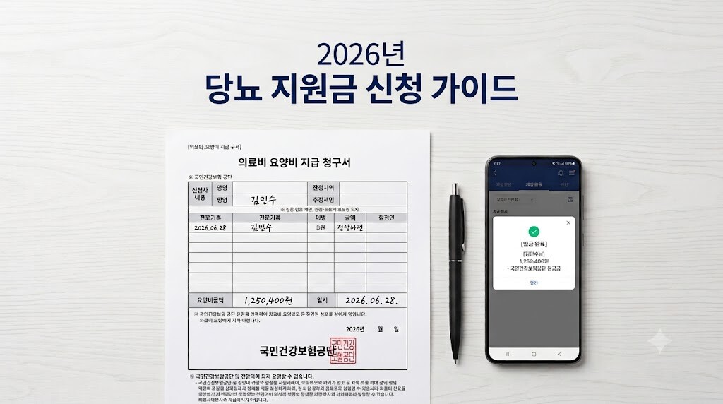 2026년 당뇨 지원금 요양비 지급 청구서와 환급금 입금 완료 스마트폰 화면