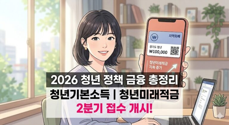 스마트폰을 든 여성 일러스트 중앙에 '2026년 2분기 청년기본소득' 안내 문구와 청년미래적금 핫핑크 포인트 고딕체 텍스트가 합성된 블로그 썸네일 이미지
