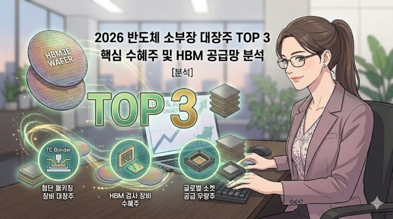 미세 회로 기판과 HBM 패키징 장비 모형 옆에서 미소 짓는 금융 전문가 이미지, 2026 반도체 소부장 대장주 TOP 3 핵심 수혜주 및 HBM 공급망 분석