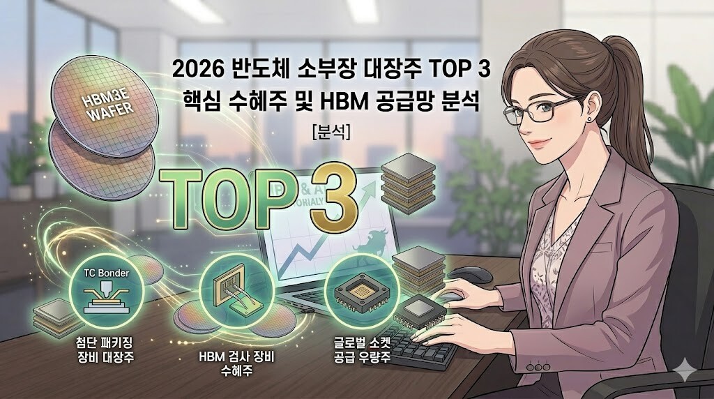 미세 회로 기판과 HBM 패키징 장비 모형 옆에서 미소 짓는 금융 전문가 이미지, 2026 반도체 소부장 대장주 TOP 3 핵심 수혜주 및 HBM 공급망 분석
