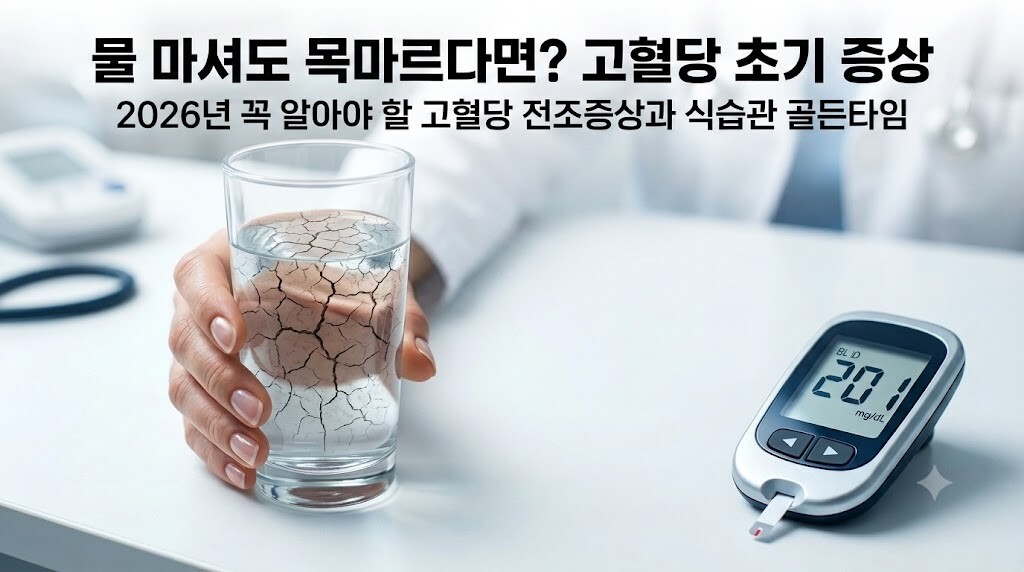 물 마셔도 목마른 심한 갈증 증상과 높은 당 수치를 보여주는 혈당계를 통해 고혈당 초기 증상 및 2026년 식습관 골든타임의 중요성을 설명하는 대표 이미지