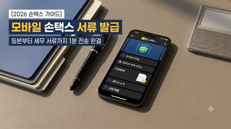 2026 모바일 손택스 앱을 통해 각종 세무 및 행정 서류를 1분 만에 발급하고 전자문서지갑으로 전송하는 스마트폰 화면 썸네일
