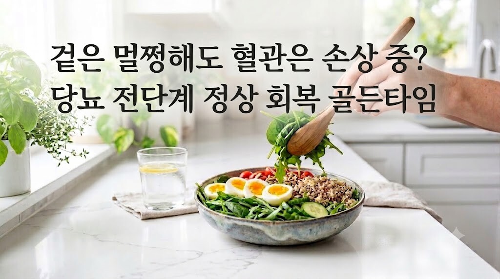 당뇨 전단계를 정상으로 되돌리기 위해 식사 전 신선한 채소 샐러드를 먼저 집어 드는 모습