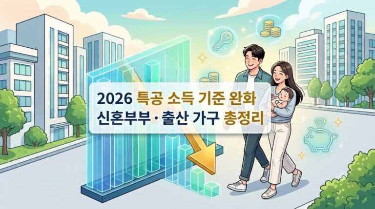 2026년 완화된 신혼부부 및 출산 가구 특별공급 소득 기준 안내 웹툰 일러스트 썸네일