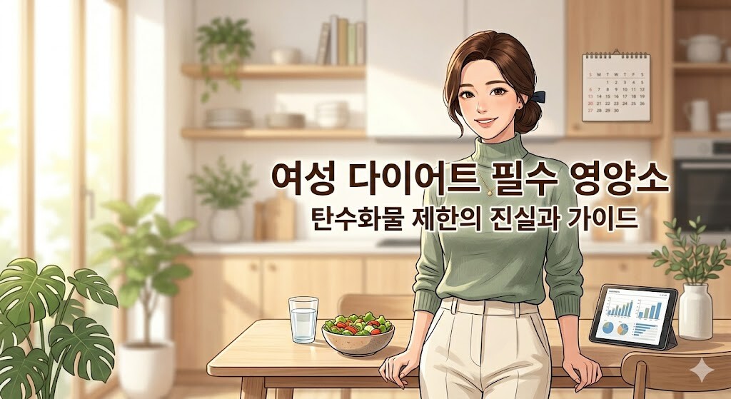우아하게 머리를 묶은 여성이 정돈된 주방의 식탁 앞에 서 있는 일러스트의 정중앙에 여성 다이어트 필수 영양소 타이틀이 고딕체로 깔끔하게 배치된 블로그 대표 이미지