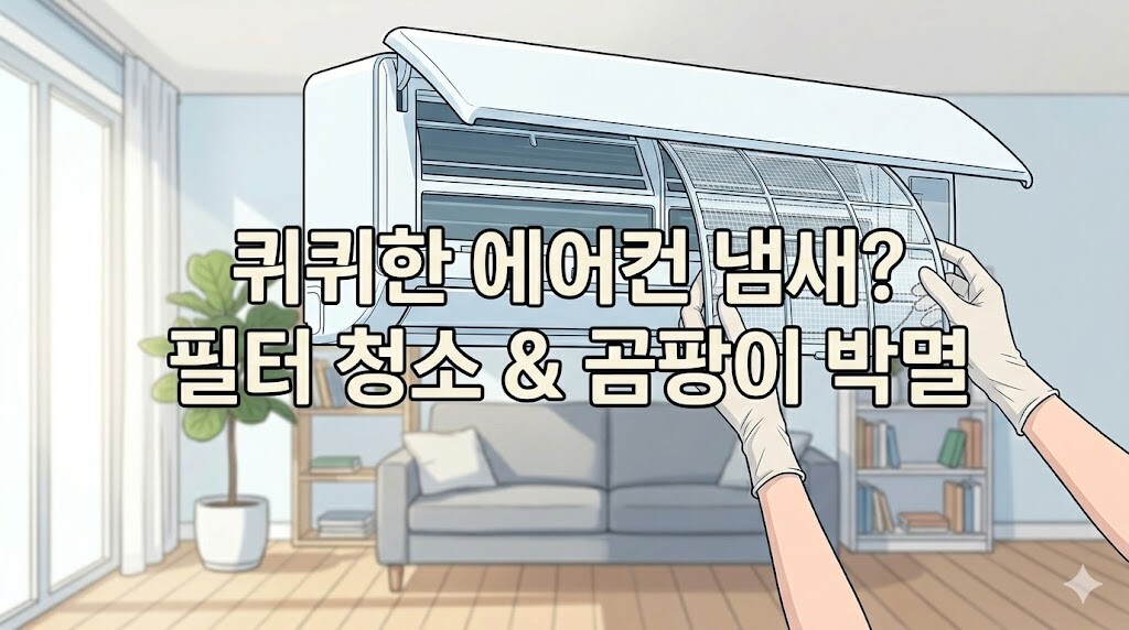 에어컨 필터를 교체 및 관리하는 모습 정중앙에 에어컨 냄새 제거 및 곰팡이 박멸 타이틀 텍스트가 배치된 블로그 대표 이미지