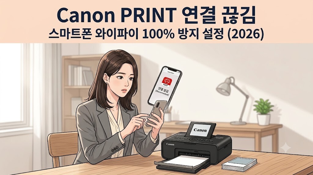 Canon PRINT 연결 끊김 및 스마트폰 와이파이 100% 방지 설정 문구가 정갈하게 적용된 서정적인 웹툰 스타일의 블로그 대표 이미지