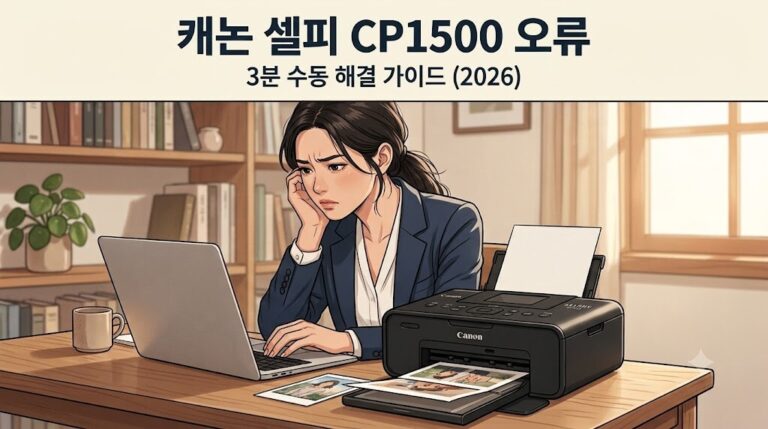 캐논 셀피 CP1500 오류 3분 수동 해결 가이드 문구가 포함된 웹툰 스타일의 블로그 대표 썸네일 이미지