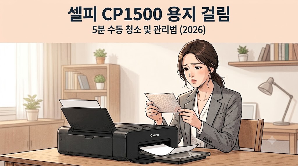 셀피 CP1500 용지 걸림 5분 수동 청소 및 관리법 문구가 적용된 서정적인 웹툰 스타일의 블로그 대표 이미지