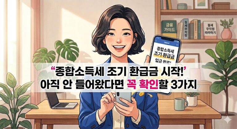쇼트커트 헤어스타일에 세련된 블레이저를 입은 여성이 서 있는 홈 오피스 배경에, 스마트폰 화면으로 종합소득세 조기 환급금 입금 완료 알림창이 선명하게 표현된 블로그 대표 이미지