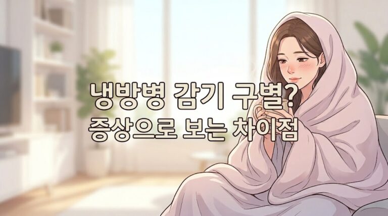 따뜻한 음료를 마시는 인물 이미지 정중앙에 냉방병 감기 구별법 타이틀 텍스트가 배치된 블로그 대표 이미지