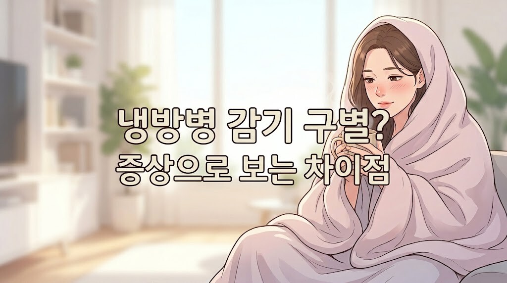 따뜻한 음료를 마시는 인물 이미지 정중앙에 냉방병 감기 구별법 타이틀 텍스트가 배치된 블로그 대표 이미지