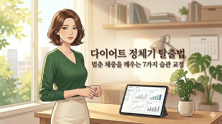 단발머리의 세련된 여성이 서 있는 일러스트의 정중앙에 다이어트 정체기 탈출법 타이틀이 핫핑크 포인트 고딕체로 정갈하게 들어간 블로그 대표 이미지