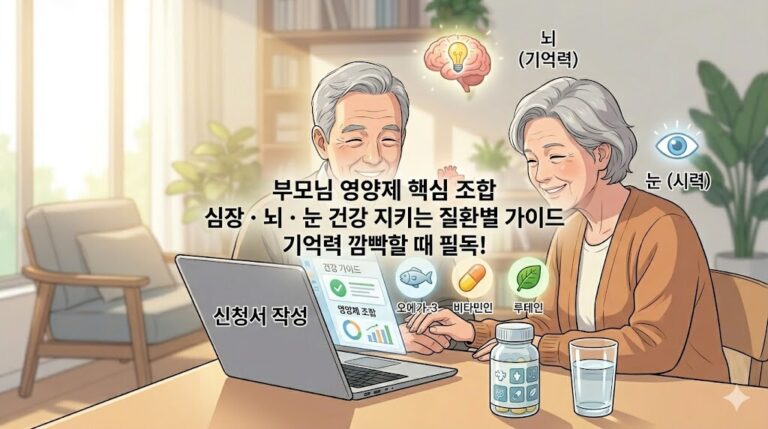 부모님 영양제 핵심 조합 타이틀과 심장 뇌 눈 건강 지키는 질환별 가이드 문구가 중앙에 정갈하게 합성된 노인 질환별 영양제 블로그 대표 썸네일 이미지