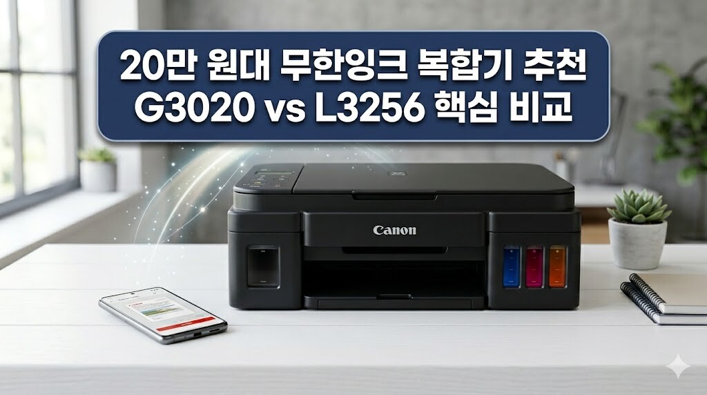 무선 Wi-Fi 기능이 꼭 필요하다면? 20만 원대 무한잉크 복합기 핵심 비교 (G3020 vs L3256) 내용을 직관적으로 보여주는 썸네일