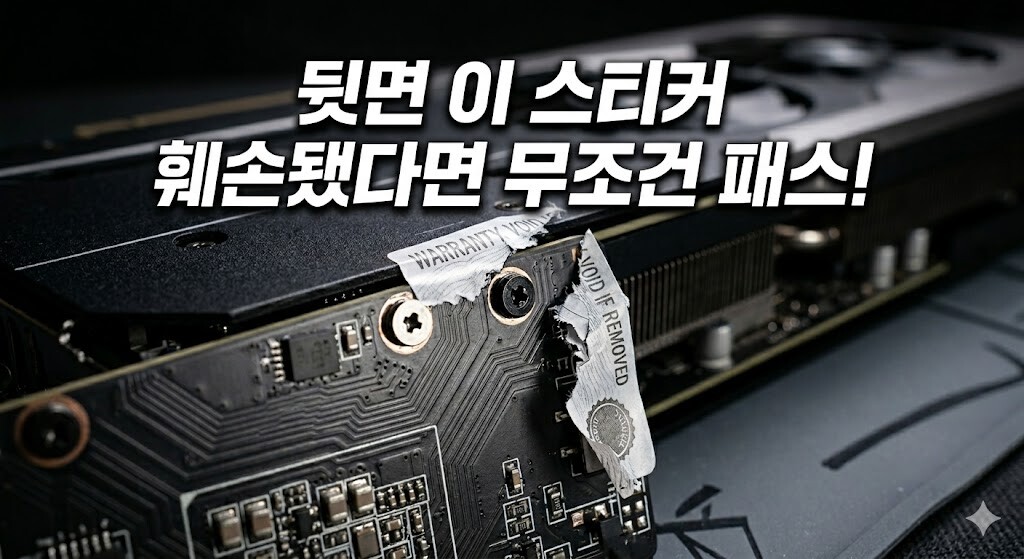 중고 그래픽카드 AS 리퍼 제품 뒷면의 훼손된 워런티 스티커 모습
