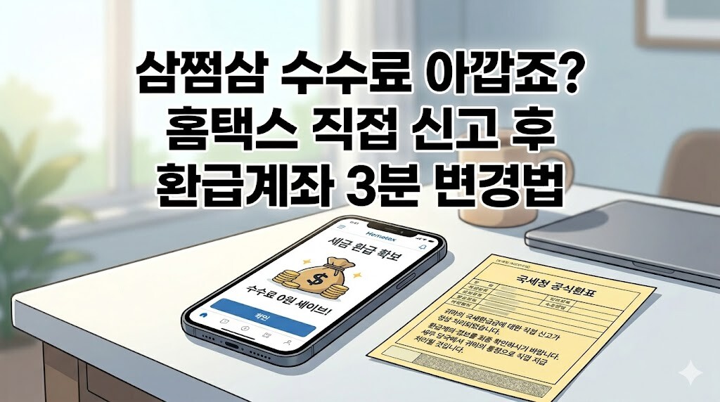 마트폰의 홈택스 환급 완료 화면과 국세청 통지서가 책상 위에 놓여 있는 모습을 정갈하게 표현한 웹툰 스타일의 사물 일러스트