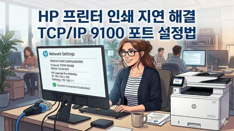 HP 프린터 TCP/IP 9100 설정을 통한 인쇄 지연 해결 방법을 직관적으로 표현한 웹툰풍 반실사 일러스트 레이아웃.