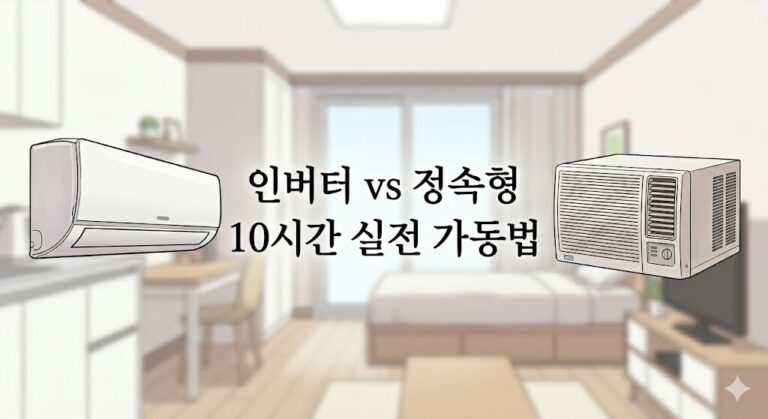 인버터형 vs 정속형 에어컨의 하루 10시간 가동 시 전기요금 절약 실전 가동법을 비교하는 정중앙 텍스트 배치 썸네일 이미지