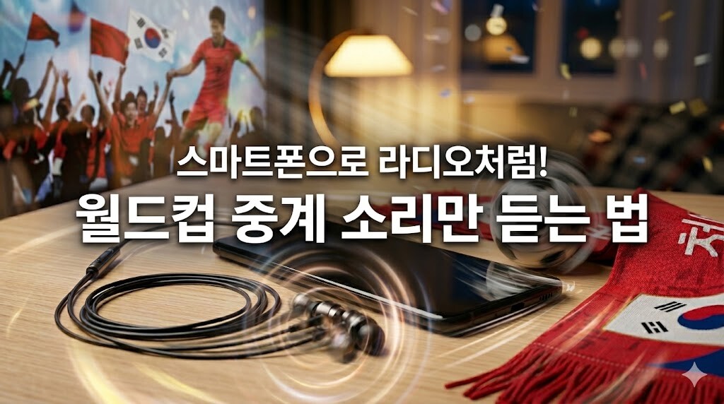 붉은색 응원 스카프와 축구공 옆에서 화면이 꺼진 채 이어폰으로 월드컵 라디오 소리를 듣는 스마트폰 이미지