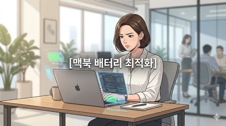 ALT 대체 텍스트: 맥북 배터리 수명 최적화 문구가 정중앙에 배치된 60% 비율 인물의 웹툰풍 일러스트