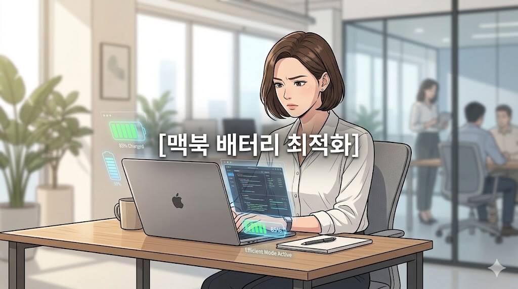 ALT 대체 텍스트: 맥북 배터리 수명 최적화 문구가 정중앙에 배치된 60% 비율 인물의 웹툰풍 일러스트
