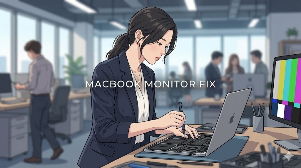 맥북 외장 모니터 연결 시 색감 물빠짐 가독성 저하 문제를 해결하는 일러스트