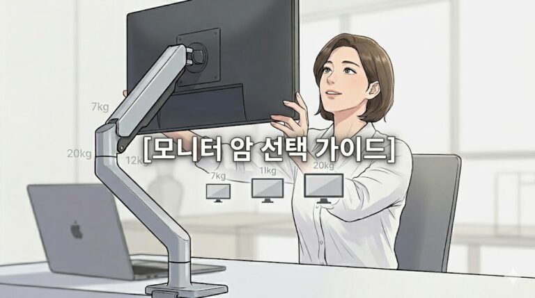 모니터 암 선택 가이드 문구가 중앙에 배치된 거북목 교정 데스크 환경 일러스트