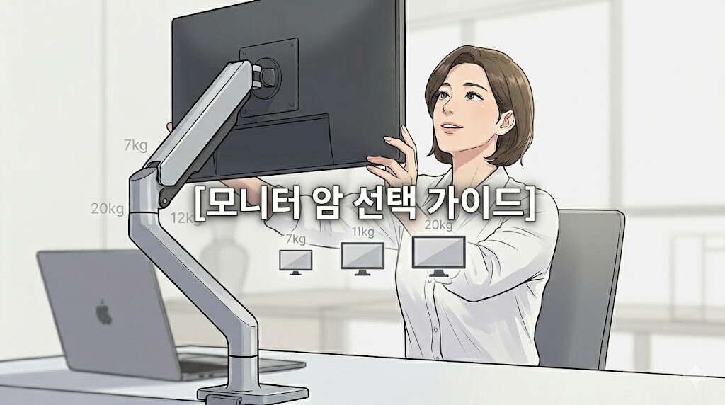 모니터 암 선택 가이드 문구가 중앙에 배치된 거북목 교정 데스크 환경 일러스트
