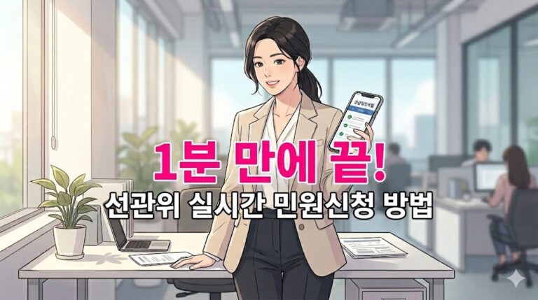 사무실에서 스마트폰으로 중앙선거관리위원회 민원신청 화면을 확인하며 집중하고 있는 직장인 여성