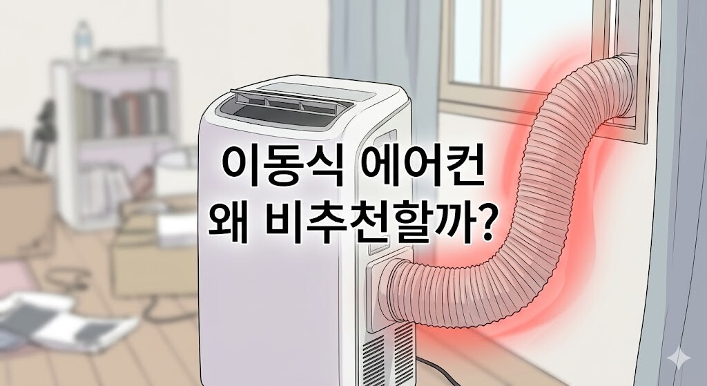 원룸에서 이동식 에어컨 자가 설치 시 발생하는 배기 호스 발열 단점과 비추천 이유를 시각화한 포스팅 대표 썸네일 이미지