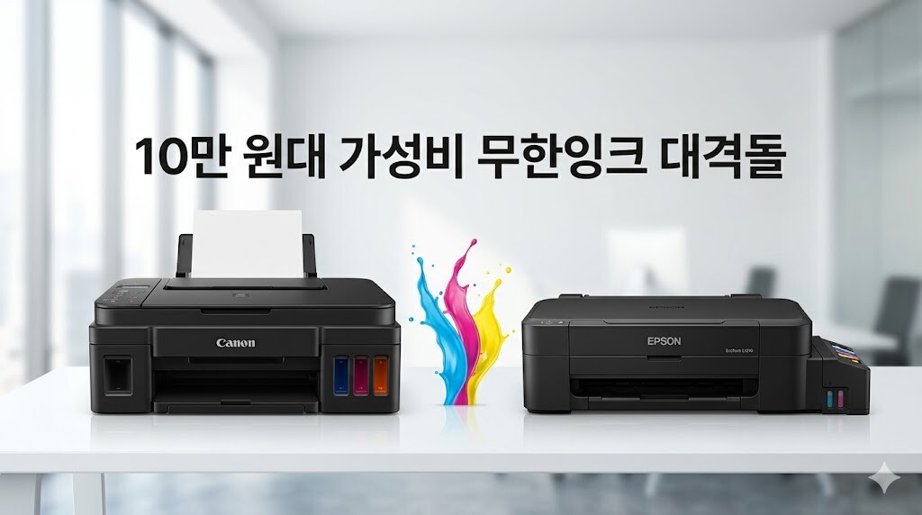 10만 원대 가성비 무한잉크 프린터인 캐논 G1020과 엡손 L1210을 정갈한 사무실 책상 위에 배치한 전문적인 제품 비교 썸네일 이미지