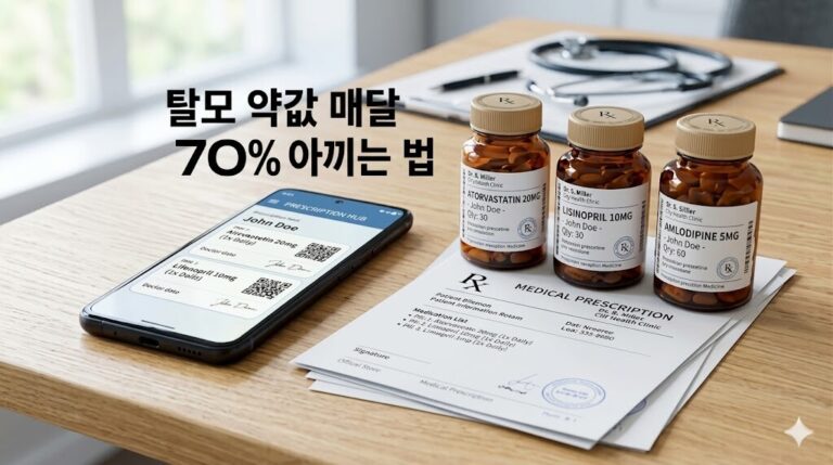 탈모 약값 매달 70% 아끼는 법 안내 문구가 포함된 스마트폰 처방전 앱과 약병 이미지