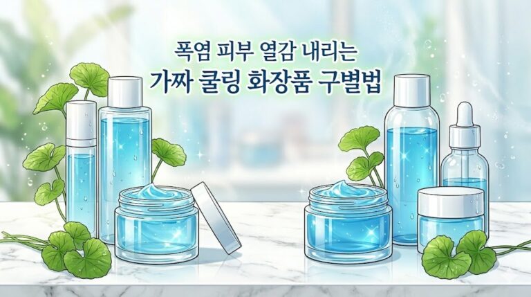피부 열감 내리는 허위 쿨링 화장품 성분 구별법과 식염수 팩 홈케어 루틴 설명