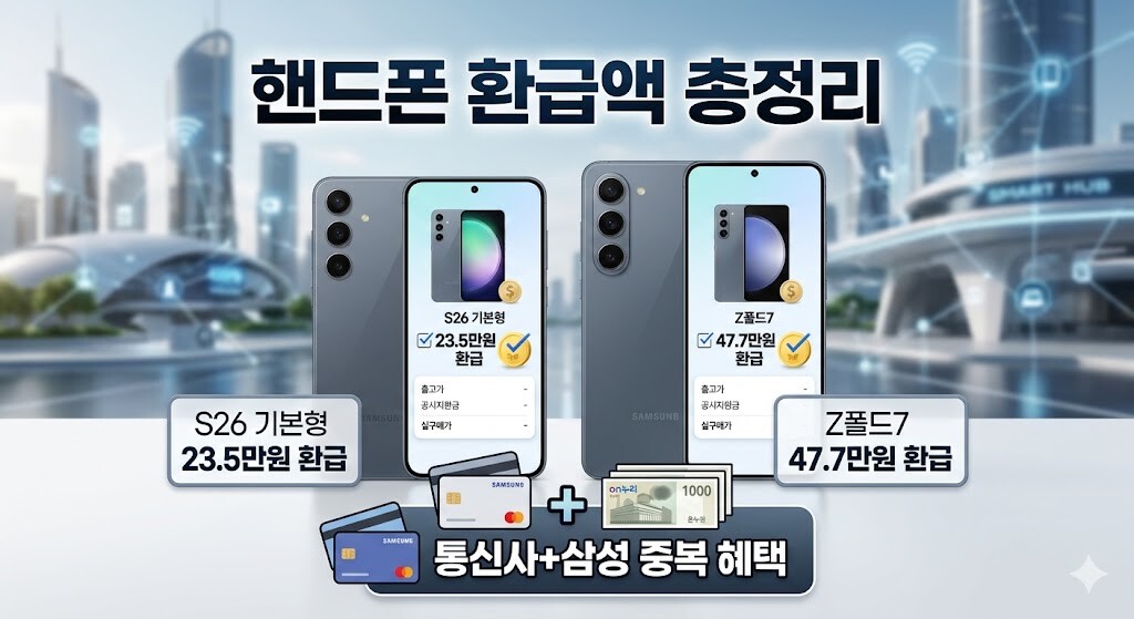 핸드폰 삼성 감사 페스티벌 통신사 중복 할인과 기종별 환급액 정보를 직관적인 인포그래픽으로 표현한 대표 썸네일 이미지