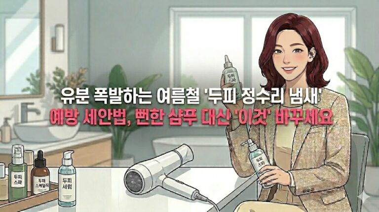 여름철 유분 폭발하는 두피 정수리 냄새 예방을 위해 찬바람 건조법을 확인하는 여성 일러스트와 정중앙에 배치된 핫핑크 고딕체 타이틀 텍스트 썸네일