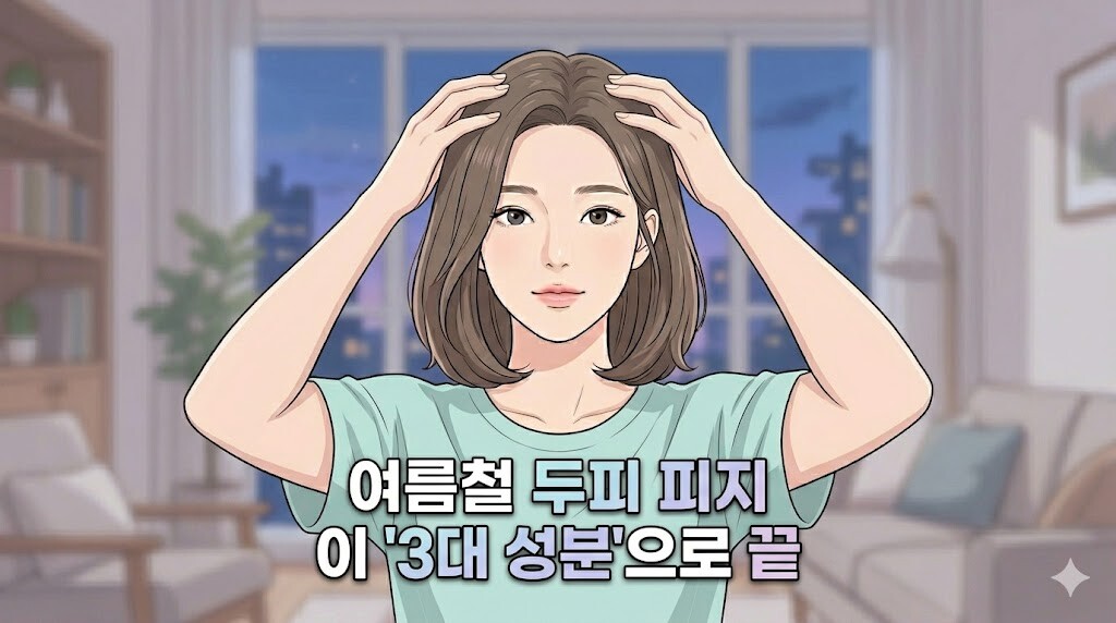 하얀색 반소매 옷을 입은 여성이 정중앙에서 두피를 케어하는 웹툰 스타일 일러스트와 여름철 두피 피지 관리를 위한 두피 스케일러 추천 3대 성분 분석 타이틀 텍스트