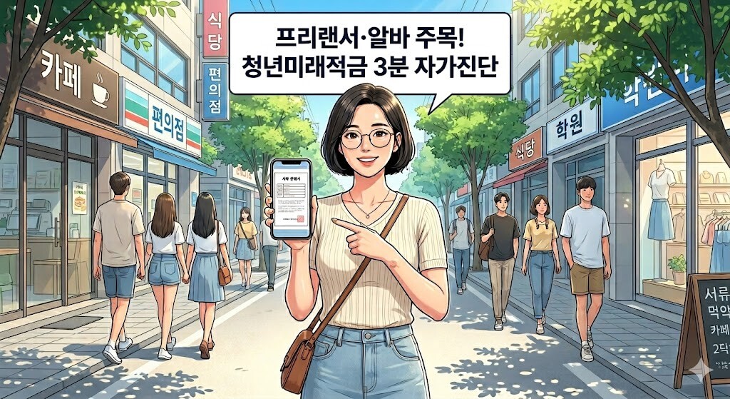 여름 반팔 옷을 입은 여성이 스마트폰을 든 채 '프리랜서·알바 주목! 청년미래적금 3분 자가진단' 문구가 중앙 배치된 썸네일 이미지