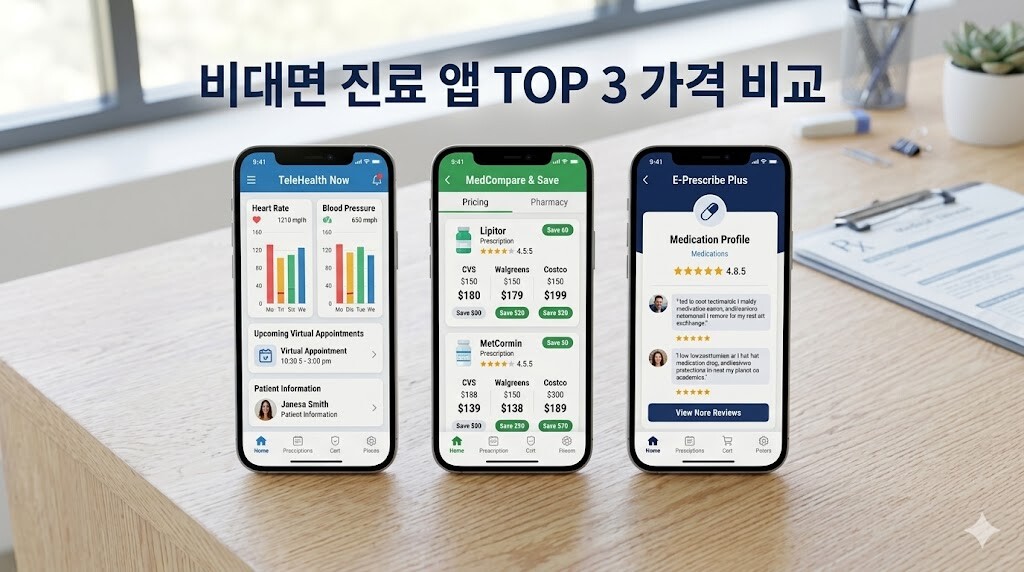 스마트폰 세 대가 나란히 놓인 책상 이미지 위에 '비대면 진료 앱 TOP 3 가격 비교'라는 타이틀 텍스트가 적힌 블로그 썸네일 이미지