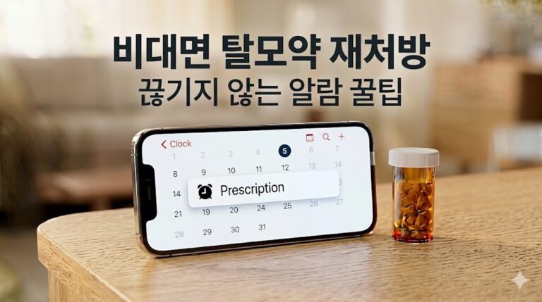 비대면 진료 앱 탈모약 재처방 매칭 화면과 캘린더 연동 알림 세팅 팁을 시각적으로 보여주는 썸네일 이미지