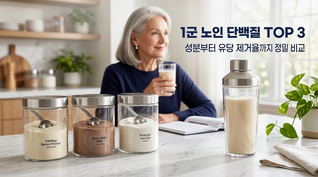 1군 대기업 노인 단백질 보충제 TOP 3 성분 유당 제거율 비교를 위한 투명한 유리병 속 단백질 분말 가루와 쉐이커 통