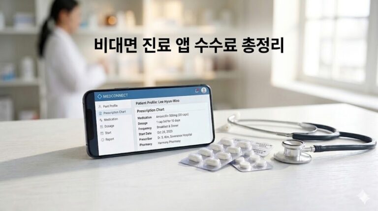 비대면 진료 앱별 수수료 체계와 병원비 절약 방법을 안내하는 스마트폰과 의약품 이미지