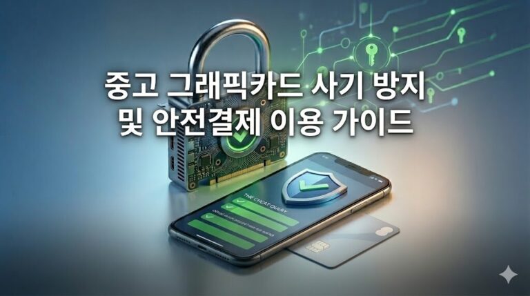 중고 그래픽카드 사기 방지 및 안전결제 이용 가이드 텍스트가 상단 중앙에 배치된 보안 자물쇠와 스마트폰 실사 사진 썸네일