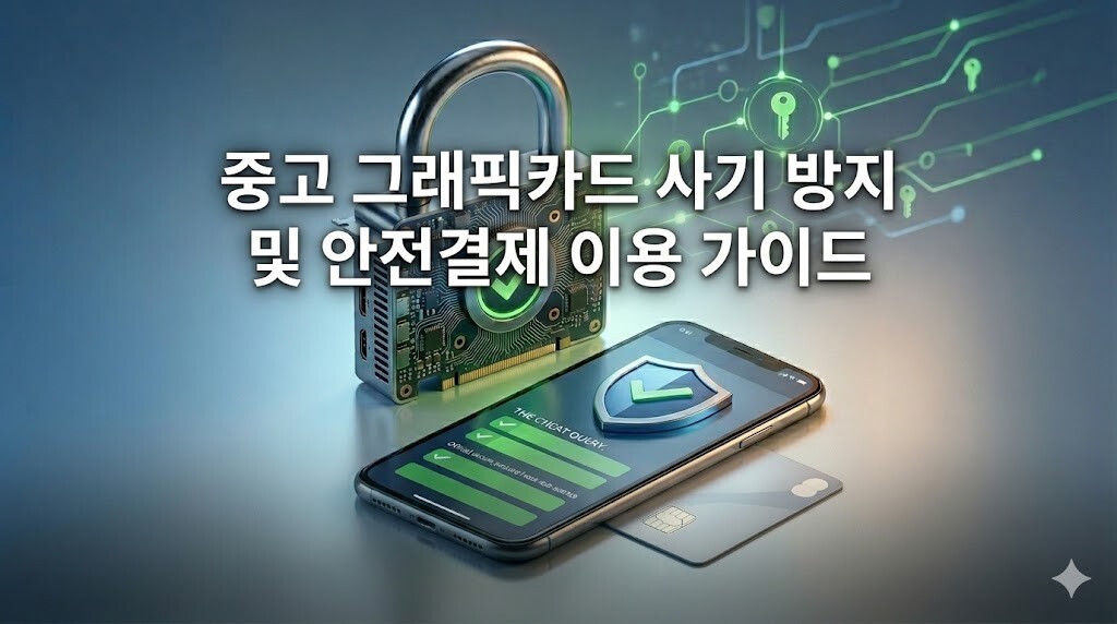 중고 그래픽카드 사기 방지 및 안전결제 이용 가이드 텍스트가 상단 중앙에 배치된 보안 자물쇠와 스마트폰 실사 사진 썸네일