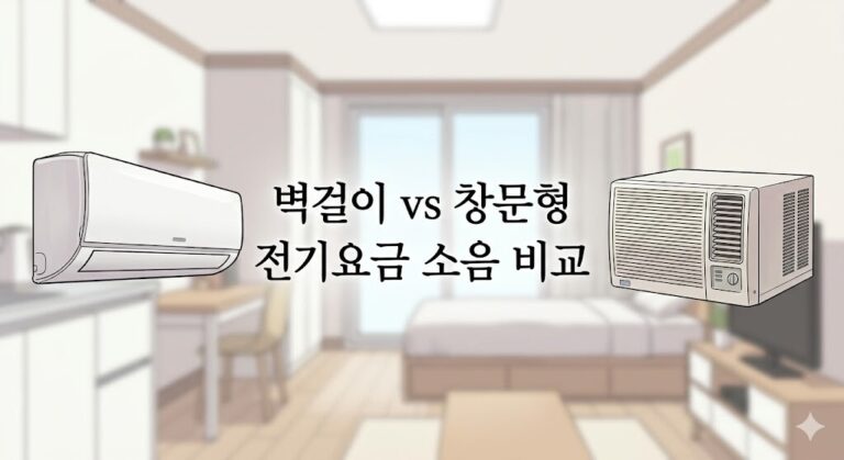 벽걸이 에어컨과 창문형 에어컨의 전기요금 및 소음 비교를 나타내는 정정앙 텍스트 배치 썸네일 이미지