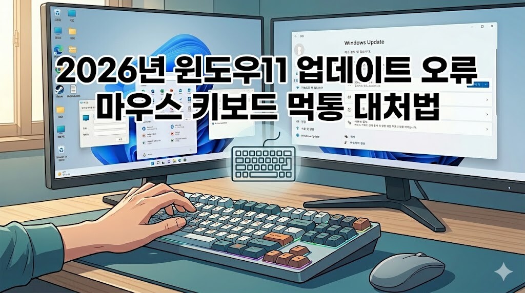 2026년 윈도우11 업데이트 오류로 인한 마우스 및 키보드 인식 불량을 해결하기 위해 데스크톱에서 'Win + X -> M'과 같은 키보드 단축키를 역동적으로 사용하는 사람
