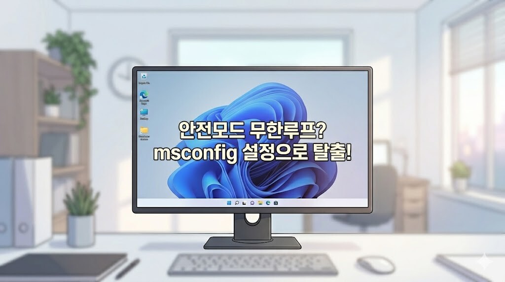 안전모드 무한루프 증상을 msconfig 설정으로 탈출하는 타이틀 텍스트가 정중앙에 배치된 썸네일 이미지
