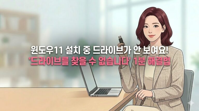 윈도우11 설치 중 드라이브가 안 보여요 오류를 해결하기 위해 깔끔한 베이지색 정장을 입은 갈색 머리의 여성이 USB를 들고 노트북 앞에 앉아 있는 정중앙 텍스트 배치 블로그 썸네일 일러스트