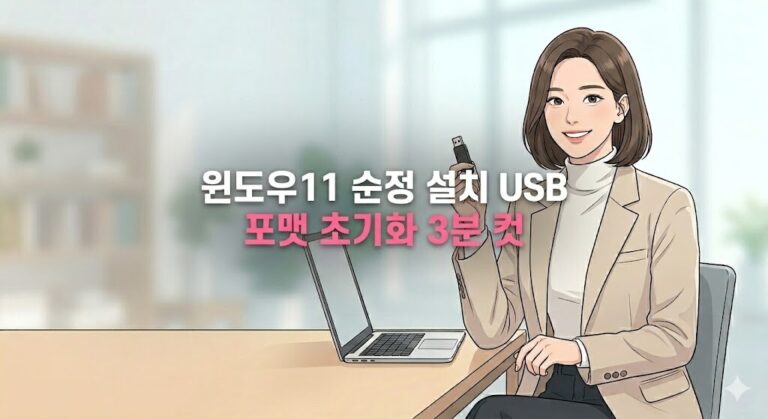모던한 사무실에서 윈도우11 설치 성공을 의미하는 USB를 들고 자신감 있게 미소 짓는 현대 오피스룩 스타일의 여성 일러스트